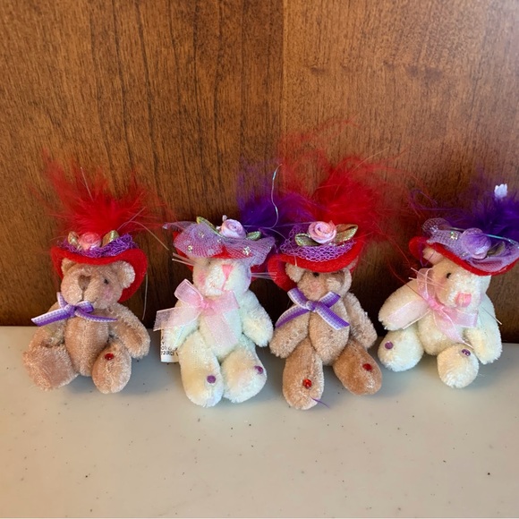 Four Vintage Miniature Plush Teddy Bears Jointed Arms & Legs Red Hats Society - Picture 1 of 5